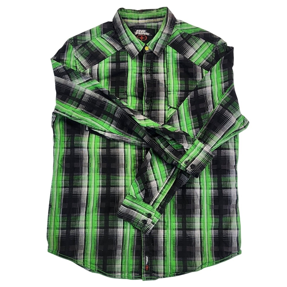 No Fear Mens‎ Large Green Black Plaid Button Down Skater Grunge Streetwear Y2K